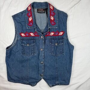 Ozark Jean Company Vintage Denim Vest Floral Embroidered Blue Medium Wash L